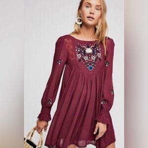 NWT Free People Mohave Embroidered Mini Dress Babydoll Plum Burgundy M $148